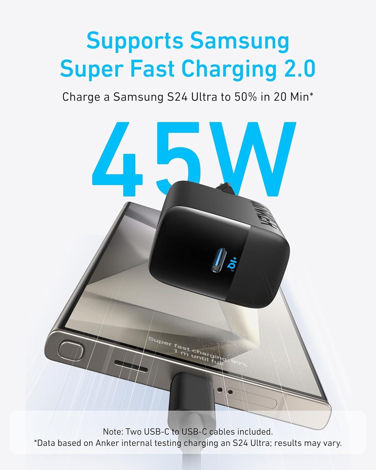 imageAnker USB C Fast Charger 45 W iPhone Samsung Fast Charging with USB C Cable Compatible with PPS for Samsung Galaxy S24 UltraS24S23S23S22Note20 iPhone 1717 Pro Pixel and MoreBlack