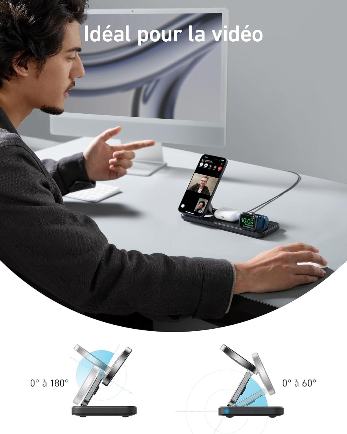imageAnker iPhone 15W Induction Charger 3in1 Foldable Ultra Fast Qi2 Certification Induction Charging Station for iPhone 1716 Series AirPods Apple Watch USBC Charger and Cable IncludedNoir