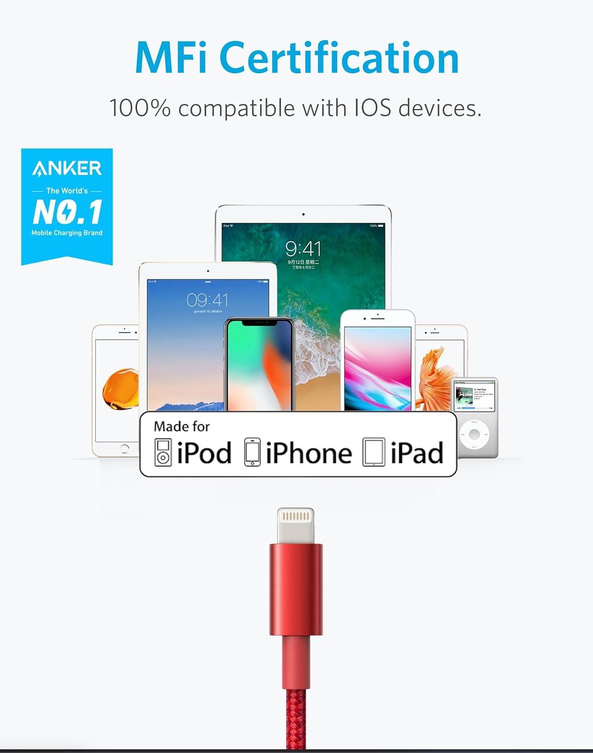 imageAnker iPhone Cable 6ft 331 Premium Nylon USBA to Lightning MFi Certified Charging Cable for iPhone SEXSXS MaxXRX8 Plus76 Plus iPad and MoreRed