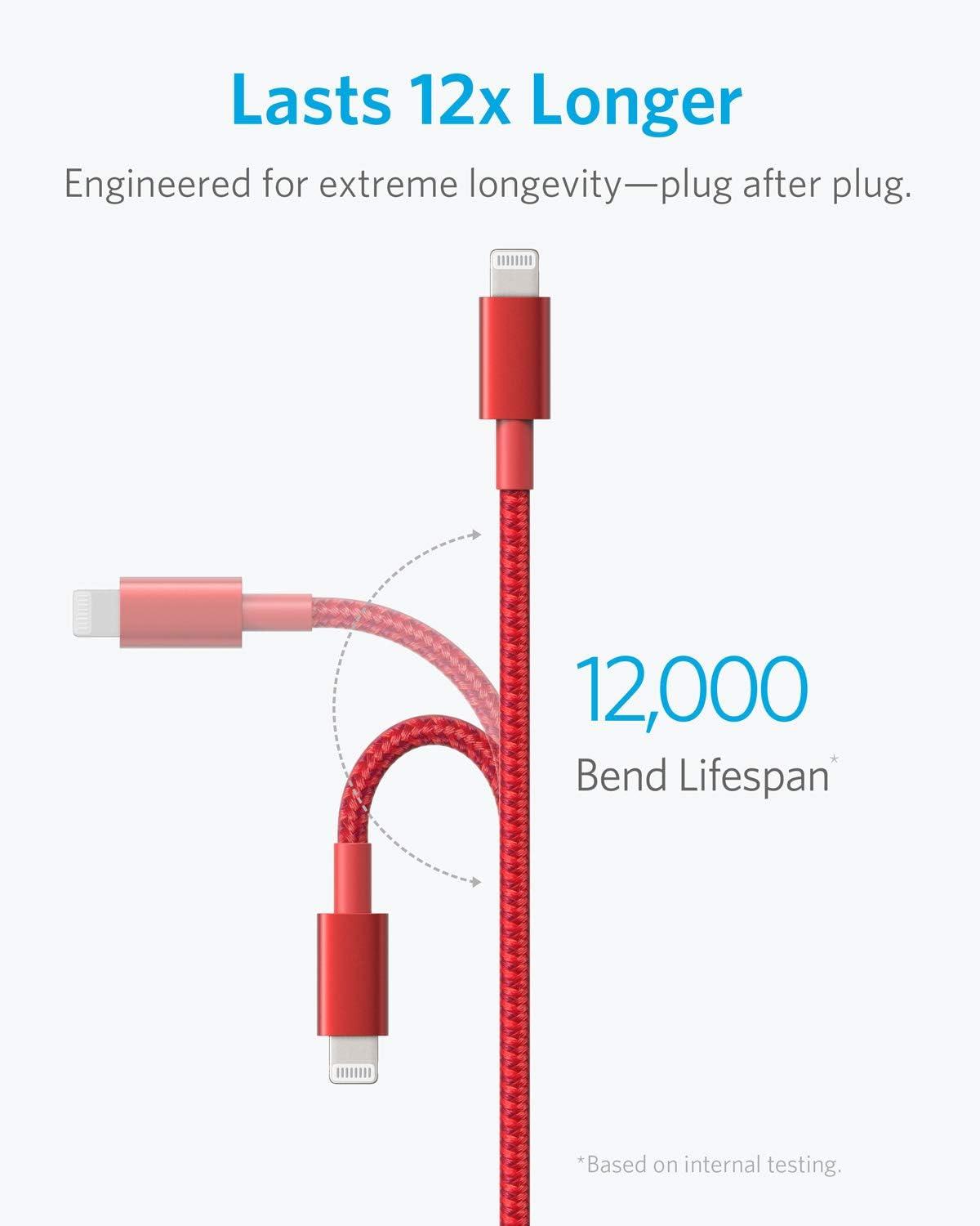 imageAnker iPhone Cable 6ft 331 Premium Nylon USBA to Lightning MFi Certified Charging Cable for iPhone SEXSXS MaxXRX8 Plus76 Plus iPad and MoreRed