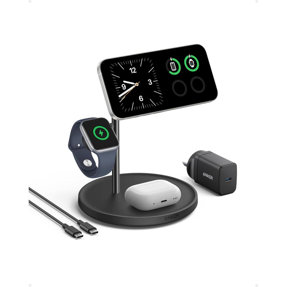 imageAnker MagGo 3 in 1 15W Induction Charger Compatible with MagSafe and Qi2 Certified Induction Charging Cradle for iPhone Series 16151413 AirPods Apple Watch Charger and USB C Cable IncludedNoir
