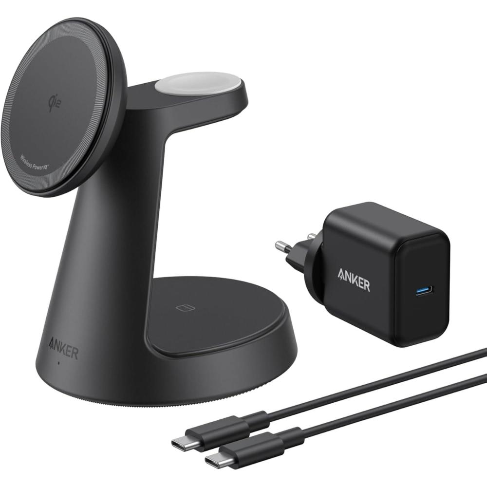 imageAnker MagGo iPhone 3 in 1 Induction Charger MagSafe 15W Stand Qi2 Certified Wireless Charger Compatible MagSafe for iPhone 17161514 Apple Watch AirPods Pro and More Adapter IncludedNoir