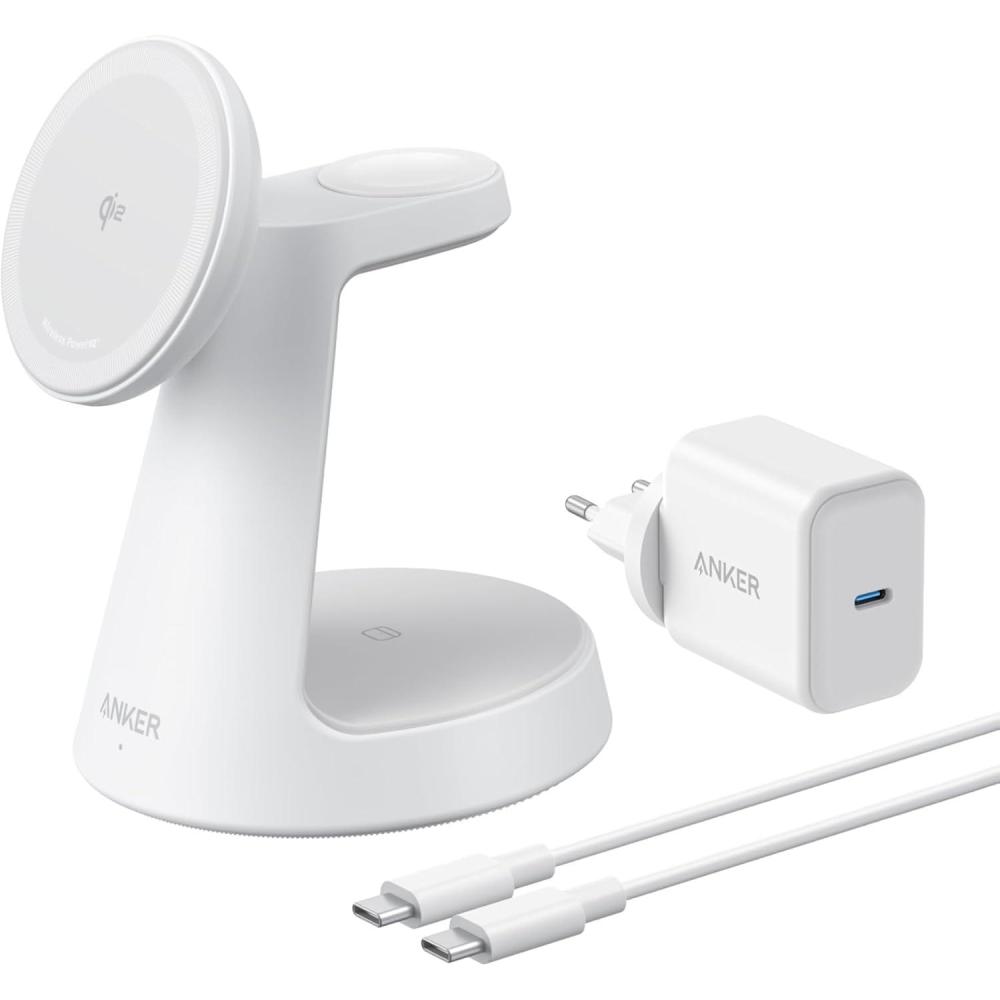 imageAnker MagGo iPhone 3 in 1 Induction Charger MagSafe 15W Stand Qi2 Certified Wireless Charger Compatible MagSafe for iPhone 17161514 Apple Watch AirPods Pro and More Adapter Includedblanc
