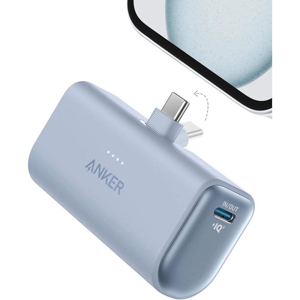 imageAnker Nano External Battery 5000mAh 225W Builtin Foldable USBC Connector Compatible with iPhone 17 Pro Max1615 Samsung S2223 Note2010 Huawei iPad ProAir AirPods and More Encore BlackBlue