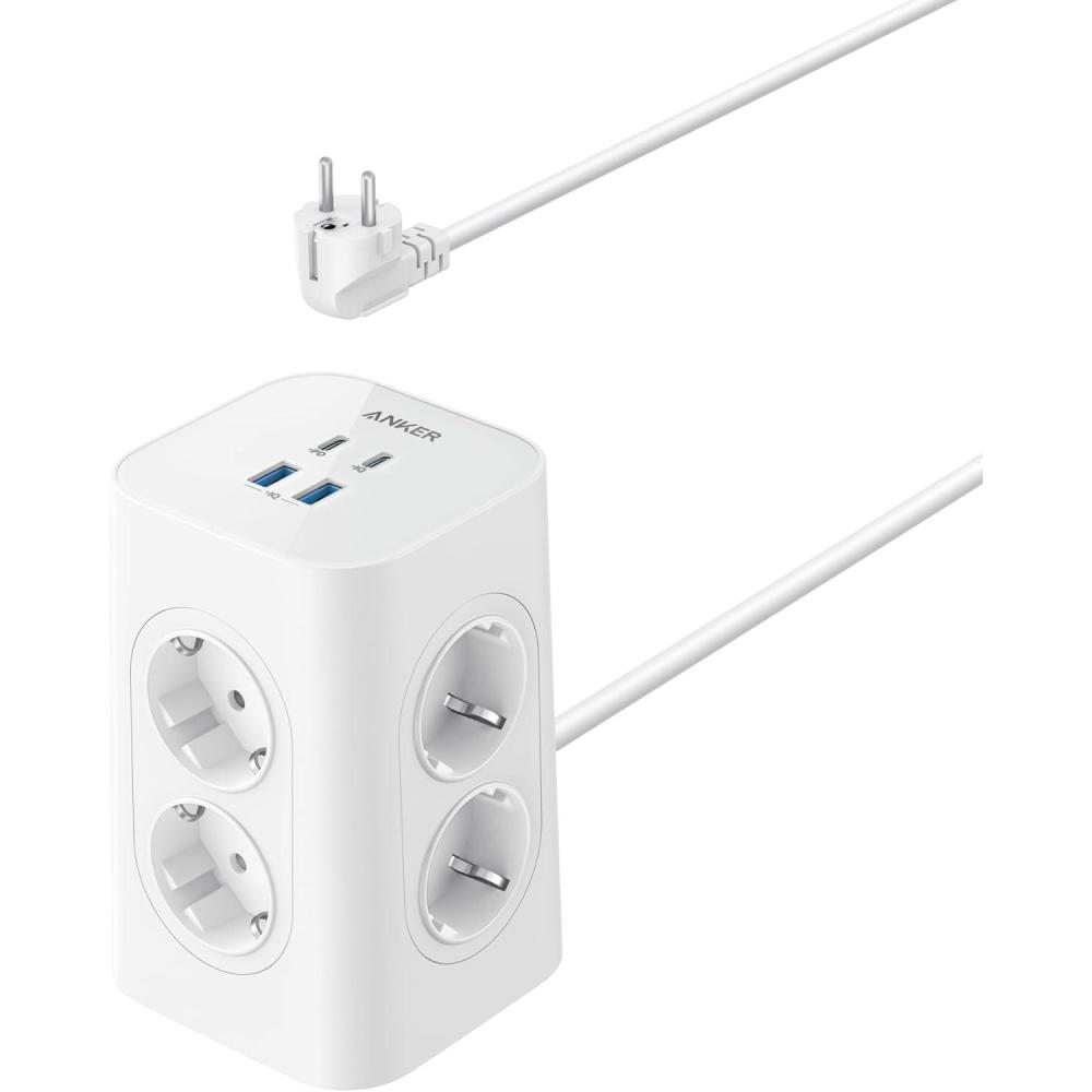 imageAnker Power Strip with Switch 12in1 Charging Tower 13A 2990W 20W USBC Fast Charging 8 AC Outlets 4 USB Ports 2m Extension Cable for Office Home Gamingblanc