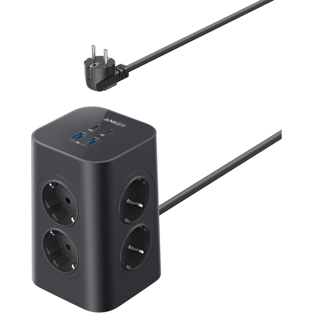 imageAnker Power Strip with Switch 12in1 Charging Tower 13A 2990W 20W USBC Fast Charging 8 AC Outlets 4 USB Ports 2m Extension Cable for Office Home GamingNoir