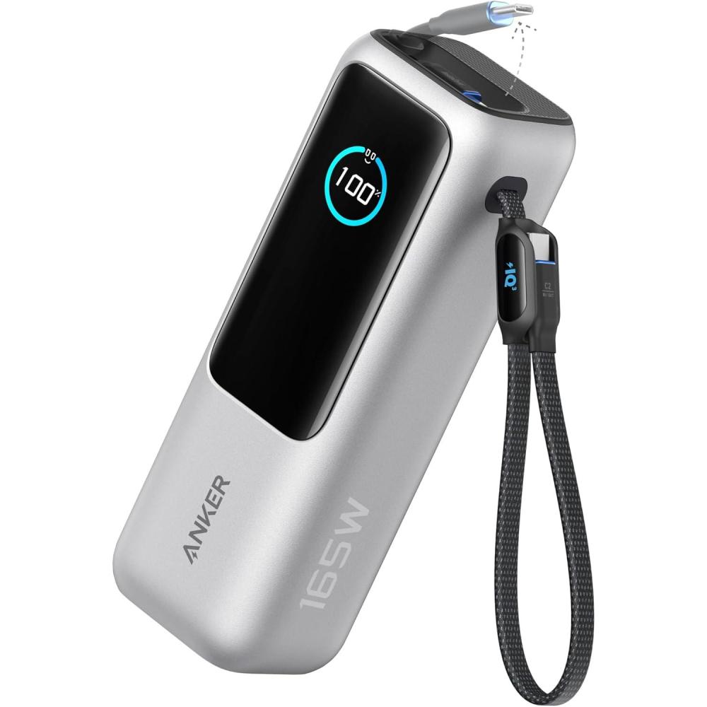 imageAnker Zolo External Battery for Laptops 25000 mAh 3 Ports USBC 100W Charger for Multiple Devices Builtin CableRetractable Cable for iPhone1716 Pro Max MacBook SamsungSilver