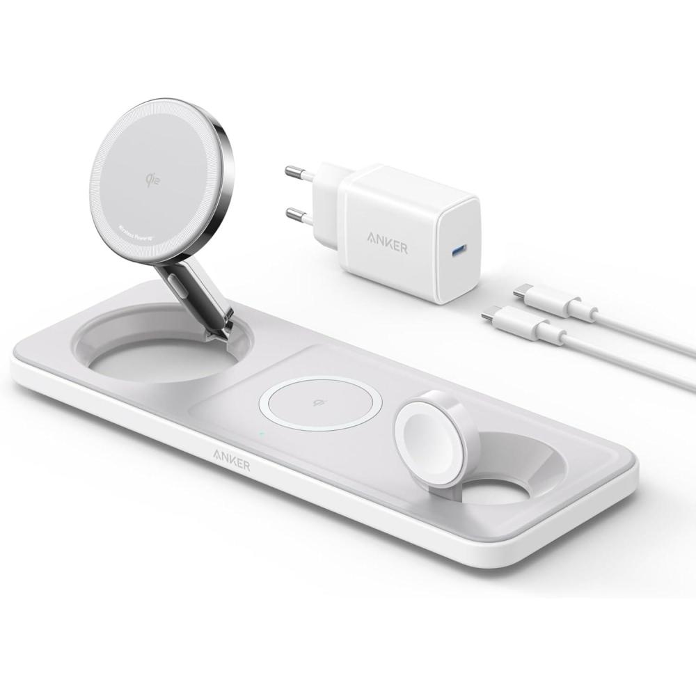 imageAnker iPhone 15W Induction Charger 3in1 Foldable Ultra Fast Qi2 Certification Induction Charging Station for iPhone 1716 Series AirPods Apple Watch USBC Charger and Cable Includedblanc