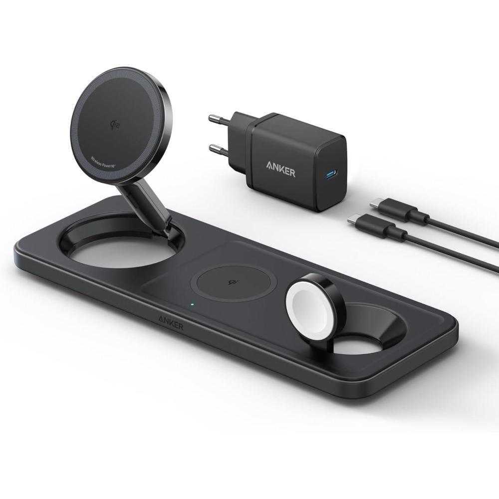 imageAnker iPhone 15W Induction Charger 3in1 Foldable Ultra Fast Qi2 Certification Induction Charging Station for iPhone 1716 Series AirPods Apple Watch USBC Charger and Cable IncludedNoir