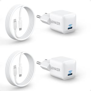 Anker 511 20W Nano USB-C Charger, Fast, Durable & Compact PIQ 3.0, for iPhone 16/15, Galaxy, Pixel 4/3, iPad/iPad Mini (+ 2 x 180cm C to C Cable)