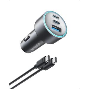 Anker Compact Fast Car Cigarette Lighter Charger 3 Ports 67W – High Speed Charging for iPhone 17/16, Galaxy S23, iPad Air and More – USB-C to USB-C Cable Included for Easy Connection