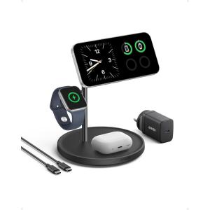 Anker MagGo 3 in 1 15W Induction Charger Compatible with MagSafe and Qi2 Certified, Induction Charging Cradle for iPhone Series 16/15/14/13, AirPods, Apple Watch (Charger and USB C Cable Included)(Noir)