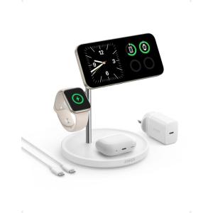 Anker MagGo 3 in 1 15W Induction Charger Compatible with MagSafe and Qi2 Certified, Induction Charging Cradle for iPhone Series 16/15/14/13, AirPods, Apple Watch (Charger and USB C Cable Included)(blanc)