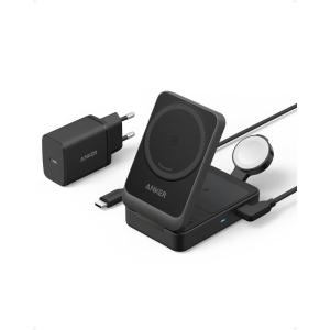 Anker MagGo Induction Charger iPhone 3 in 1 Magsafe 15W, Wireless Charging Base Qi2 Certification Compatible with MagSafe, for iPhone 17/16/15/14 AirPods Watch (40W USB C Charger Included)(Black)