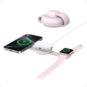 Anker MagGo Induction Charger iPhone 3 in 1 Wireless Charging Station Compatible with MagSafe, Qi2 Certified 15W, Foldable Travel Charger, iPhone 17/16/15, AirPods, Apple Watch (USB-C Charger Included(Pink)