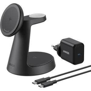 Anker MagGo iPhone 3 in 1 Induction Charger MagSafe 15W (Stand), Qi2 Certified Wireless Charger Compatible MagSafe, for iPhone 17/16/15/14, Apple Watch, AirPods Pro, and More (Adapter Included)(Noir)