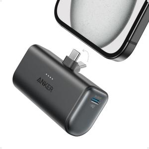 Anker Nano External Battery 5000mAh 22.5W, Built-in Foldable USB-C Connector, Compatible with iPhone 17 Pro Max/16/15, Samsung S22/23, Note20/10, Huawei, iPad Pro/Air, AirPods and More Encore (Black)(Black)