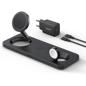 Anker iPhone 15W Induction Charger 3-in-1 Foldable Ultra Fast Qi2 Certification Induction Charging Station for iPhone 17/16 Series, AirPods, Apple Watch (USB-C Charger and Cable Included)(Noir)