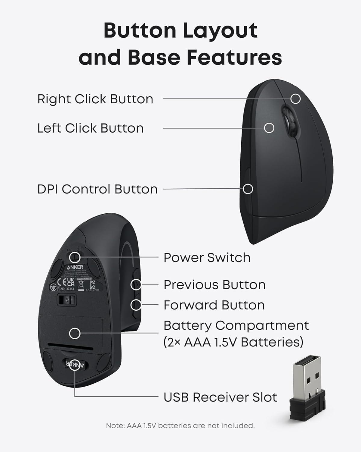 imageAnker 24G Wireless Ergonomic Vertical USB Mouse with 3 Adjustable DPI Levels 80012001600 and 5 Side Controls