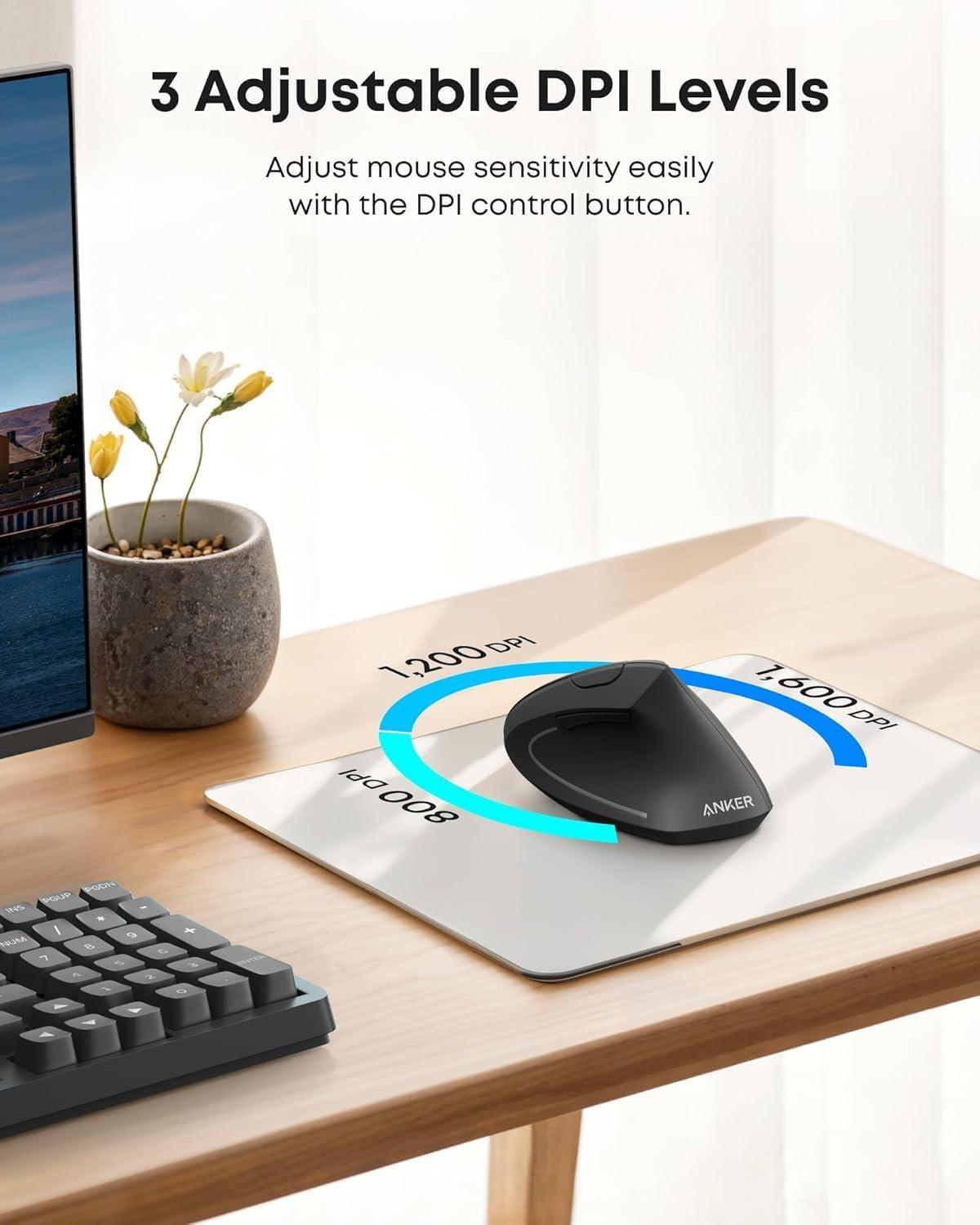 imageAnker 24G Wireless Ergonomic Vertical USB Mouse with 3 Adjustable DPI Levels 80012001600 and 5 Side Controls