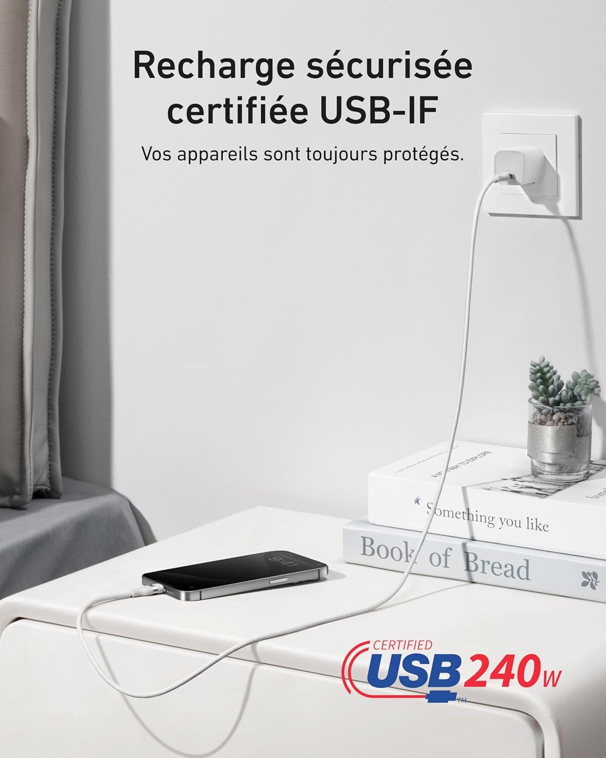imageAnker Cble USBC 240W Tress Upcycl usbc vers usbc Chargeur Type C Rapide Cble pour iPhone 1717 Pro 17 Plus 17 ProMax MacBook Pro iPad ProAir 5 Galaxy S23 et autres09m BlancBlanc