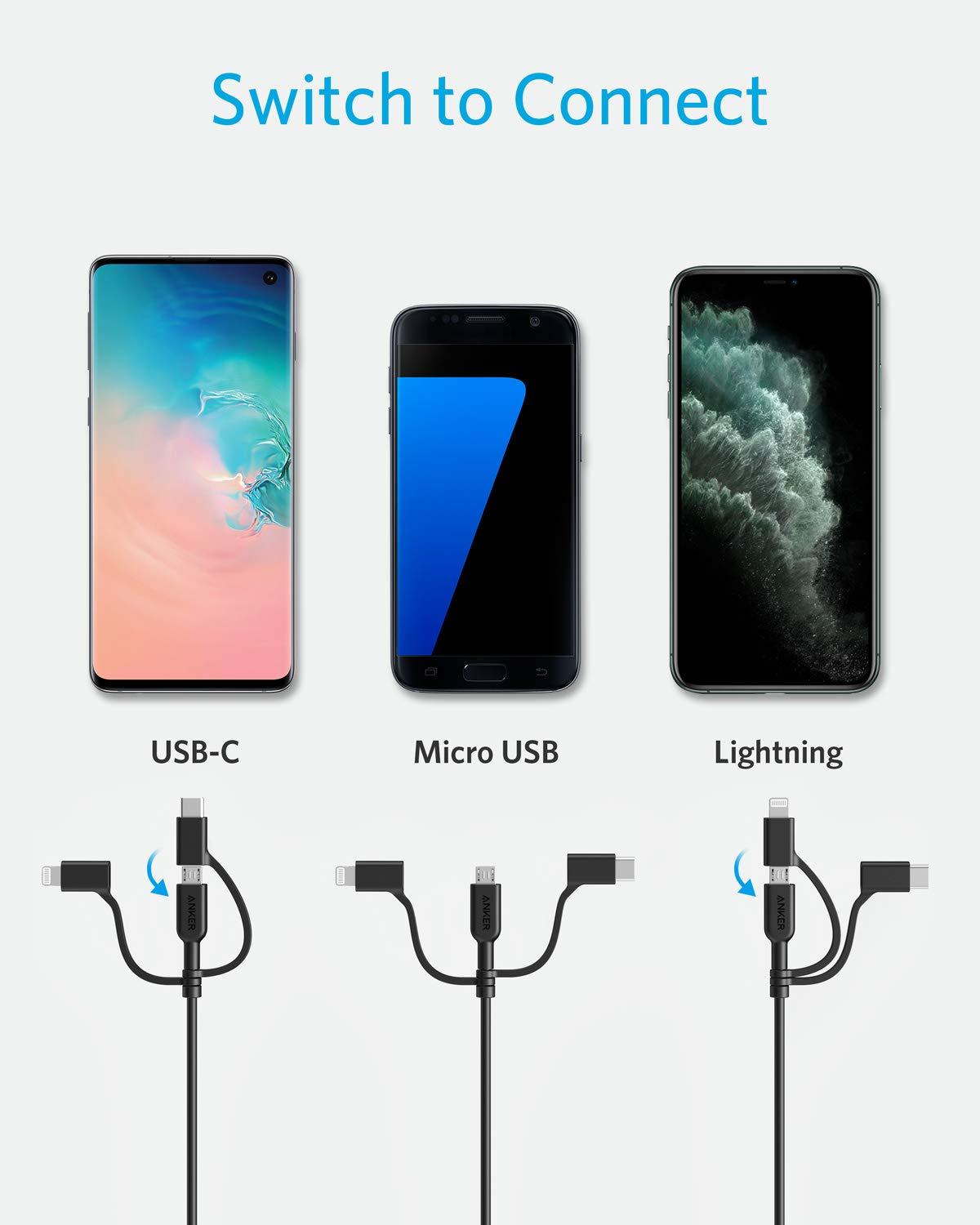 imageAnker Powerline II 3in1 Cable USB CLightningMicro USB Cable for iPhone iPad Huawei HTC LG Samsung Galaxy Sony Xperia Android Smartphones etc 09 mBlack