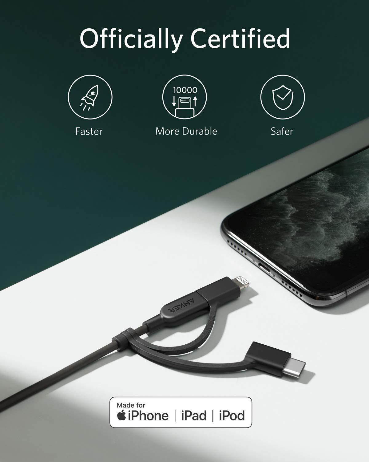 imageAnker Powerline II 3in1 Cable USB CLightningMicro USB Cable for iPhone iPad Huawei HTC LG Samsung Galaxy Sony Xperia Android Smartphones etc 09 mBlack