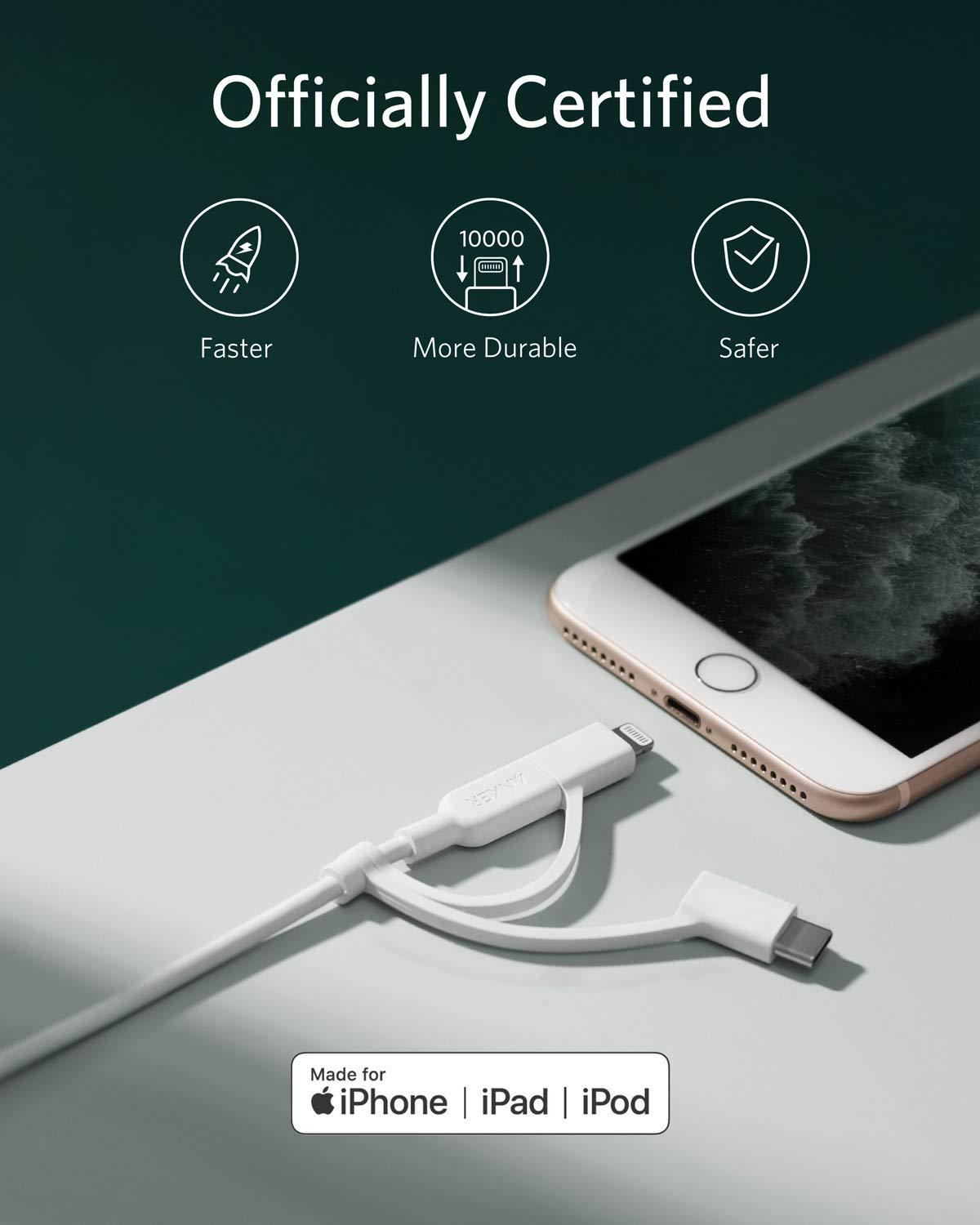 imageAnker Powerline II 3in1 Cable USB CLightningMicro USB Cable for iPhone iPad Huawei HTC LG Samsung Galaxy Sony Xperia Android Smartphones etc 09 mwhite