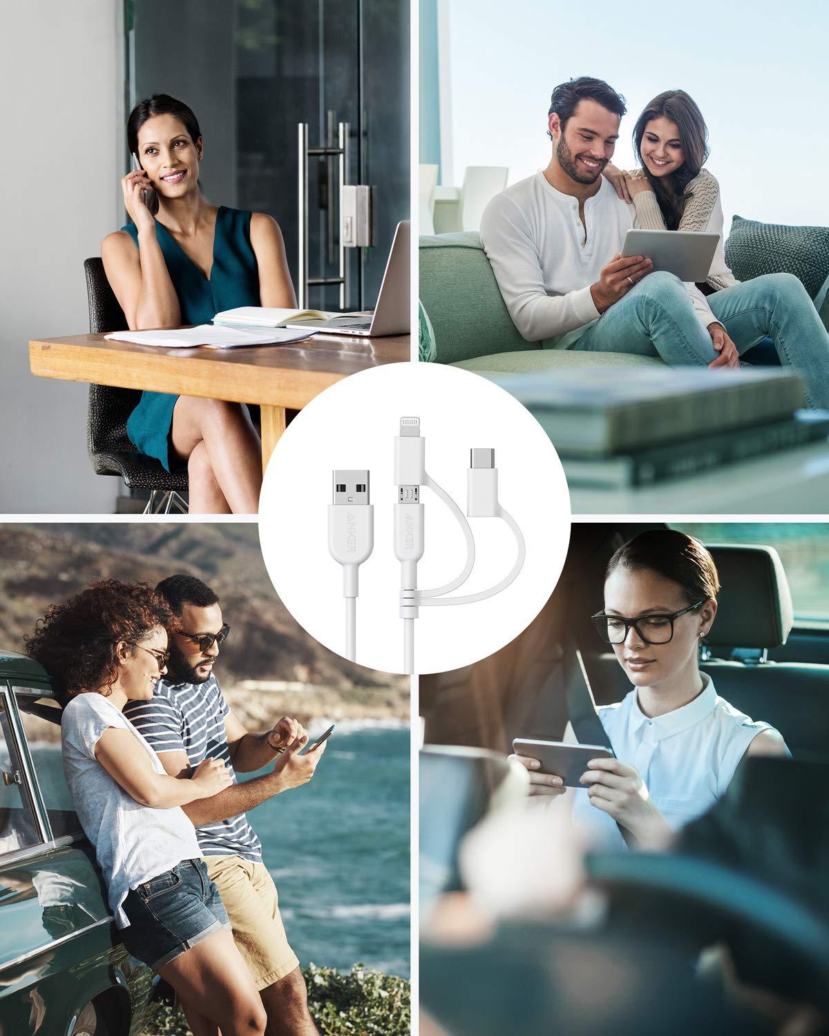 imageAnker Powerline II 3in1 Cable USB CLightningMicro USB Cable for iPhone iPad Huawei HTC LG Samsung Galaxy Sony Xperia Android Smartphones etc 09 mwhite