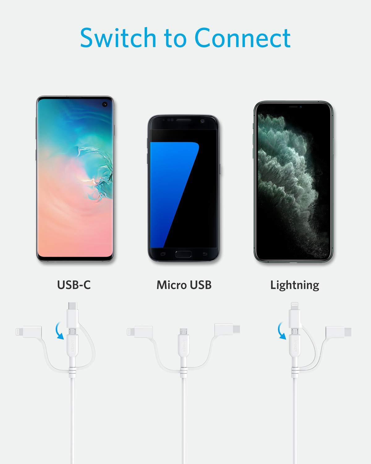 imageAnker Powerline II 3in1 Cable USB CLightningMicro USB Cable for iPhone iPad Huawei HTC LG Samsung Galaxy Sony Xperia Android Smartphones etc 09 mwhite