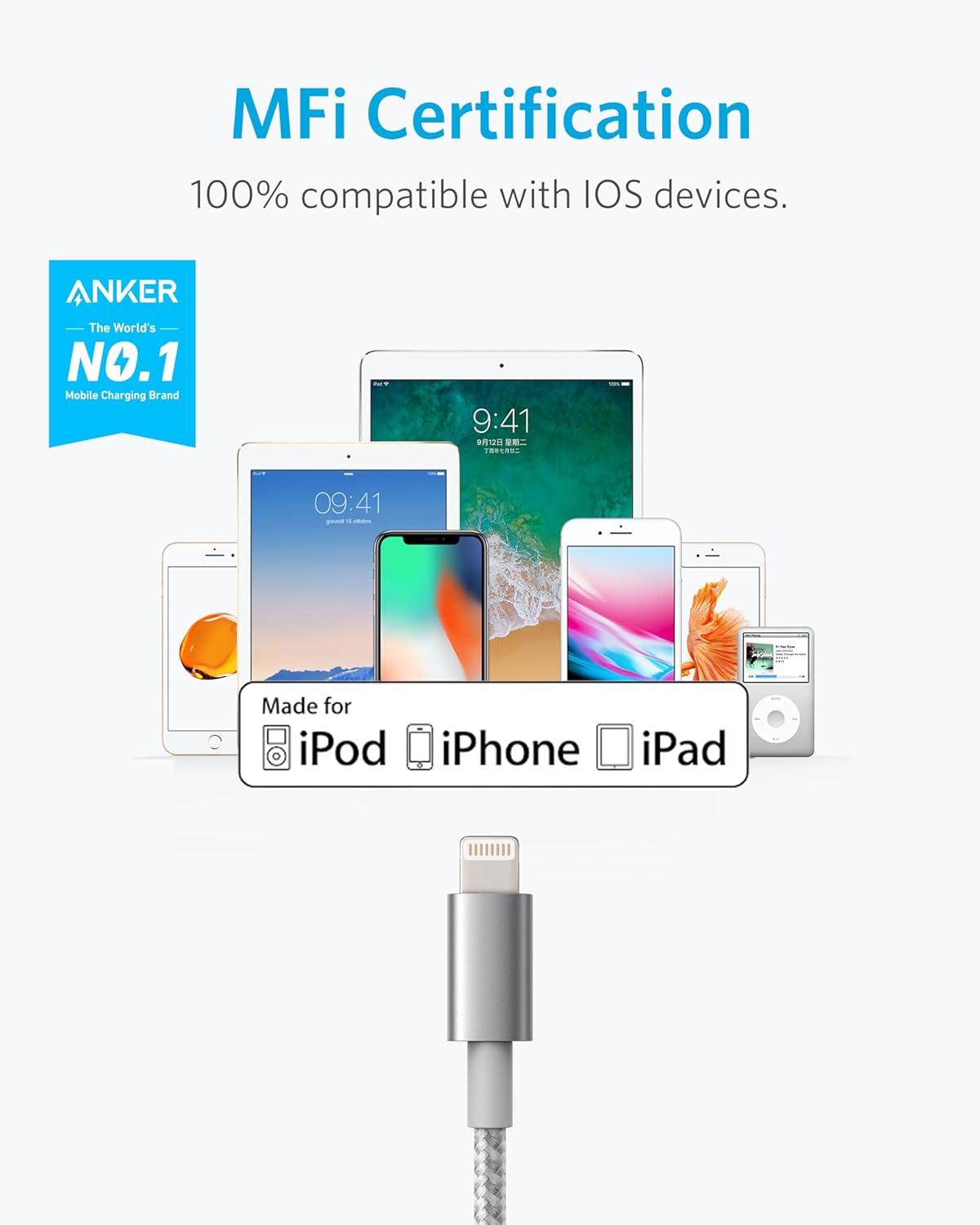 imageAnker Premium Lightning Cable Nylon MFi Certified for iPhone Charger iPhone 1414 Plus14 Pro Max14 Plus14 Plus1312 iPad Pro Air 2Pack 1mSilver