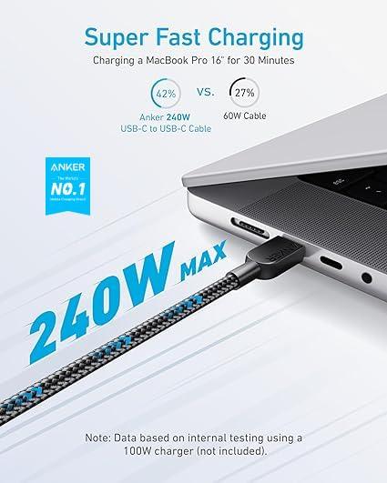 imageAnker USB C to USB C Cable 240W Double Braided Nylon TypeC Charging Cable for iPhone 17 MacBook Pro 2024 iPad Pro 2024 iPad Air 5 Samsung Galaxy S23S23 Ultra Pixel and More 3ft1 80m