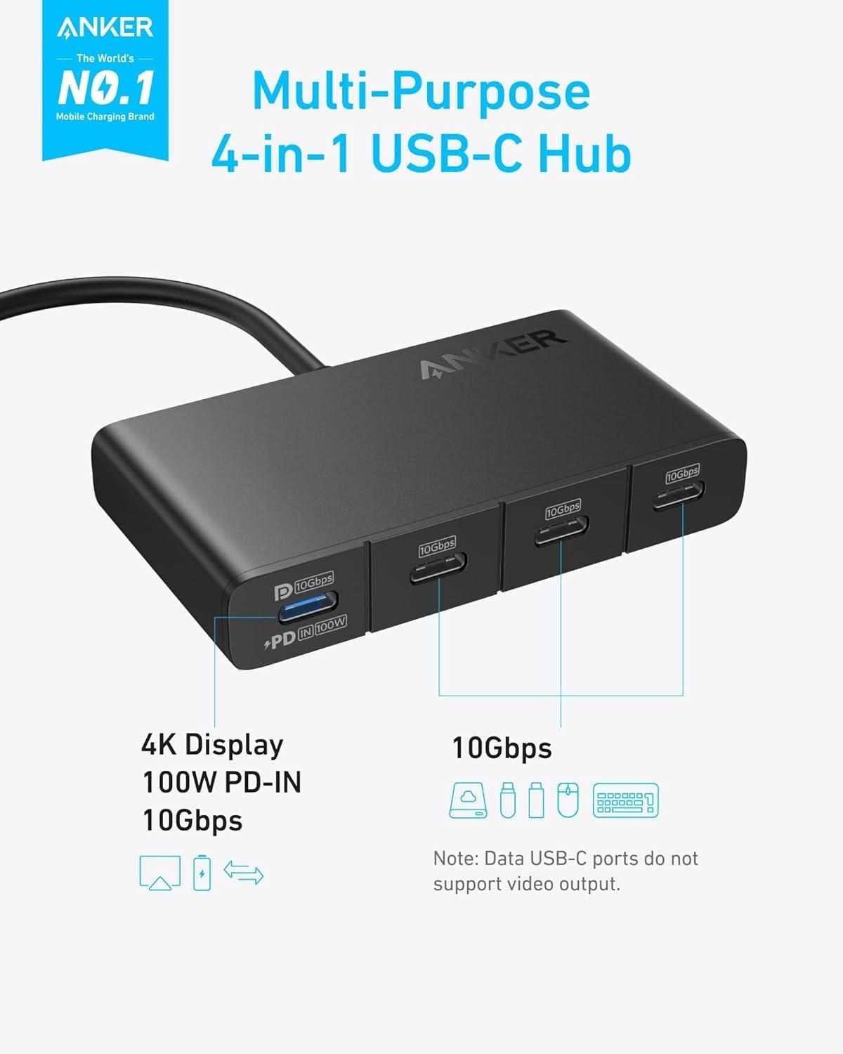 imageAnker USBC Hub Fast 10Gbps USB 32 Display Hub USBC to 4Port Hub with 100W Max PDin for MacBook Pro iPad iPhone 15 Surface Pro Dell and More
