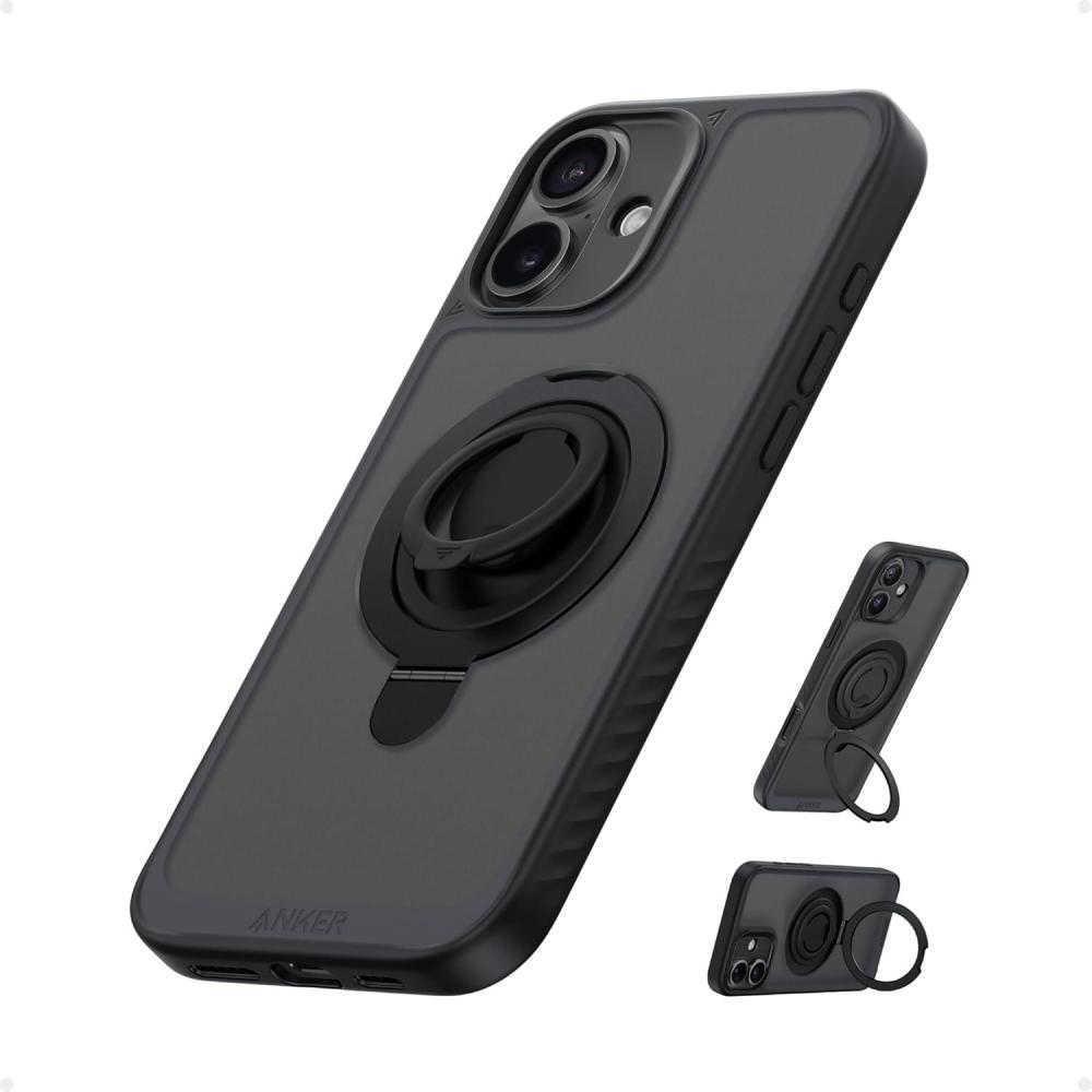 imageAnker Magnetic Ring Stand for iPhone 16 Plus Case Silicone Finger Ring Grip Stand Holder Military Grade Drop Tested Compatible with MagSafe Built in Kickstand Soft Edge AntiFingerprint Black
