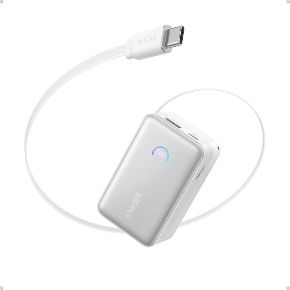 imageAnker Nano External Battery 10000mAh with Retractable InstaCord Cable 70cm Compact Power Bank 45W Max Power Bank Smart Display for iPhone 17 Pro Max iPad Galaxy Pixelwhite