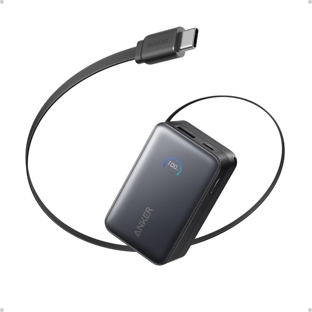 imageAnker Nano External Battery 10000mAh with Retractable InstaCord Cable 70cm Compact Power Bank 45W Max Power Bank Smart Display for iPhone 17 Pro Max iPad Galaxy PixelBlack