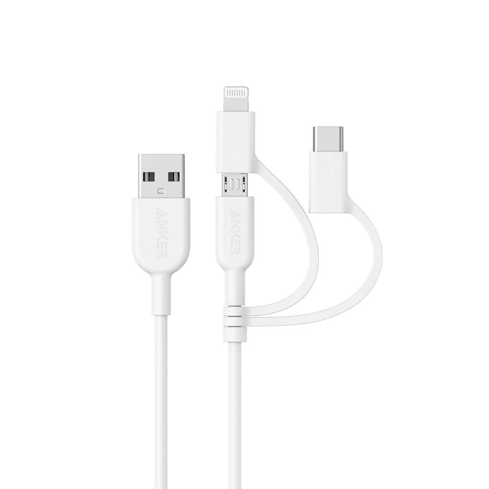 imageAnker Powerline II 3in1 Cable USB CLightningMicro USB Cable for iPhone iPad Huawei HTC LG Samsung Galaxy Sony Xperia Android Smartphones etc 09 mwhite