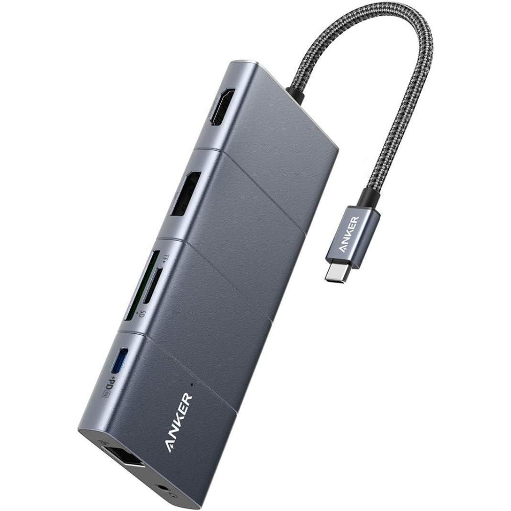 imageAnker USB C Hub PowerExpand 11 in 1 Docking Station with HDMI and DP 4K60Hz 100W Power USBC and 3 USBA Data Ports 1Gbps Ethernet 35mm Audio Card Reader