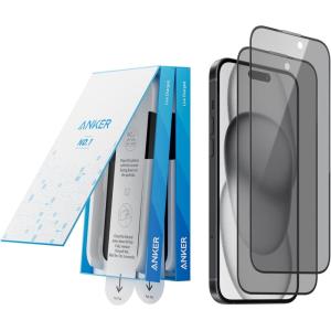 Anker Durable Screen Protector for iPhone 15 Plus (2 Filters), Corning Glass, Quick and Easy Installation, Ultra HD 8K, 9H Hardness, Scratch and Impact Resistant, 12 Months Warranty(Black)