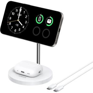 Anker Induction Charger iPhone Charging Base 15W, Adjustable Stand 2-in-1, USB-C Cable 1.5m, Dual LED, Ultra Fast MagSafe for iPhone Series 17/16 and 5W for AirPods (No AC Adapter)(White1)