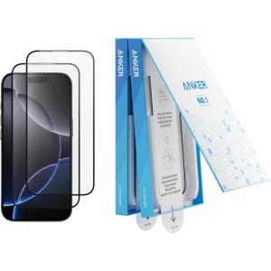 Anker écran de protection durable pour iPhone 16 Pro Max(2 filtres), verre Corning, installation facile et rapide, Ultra HD 8K, dureté 9H, résiste aux rayures et aux impacts, garantie 12 mois
