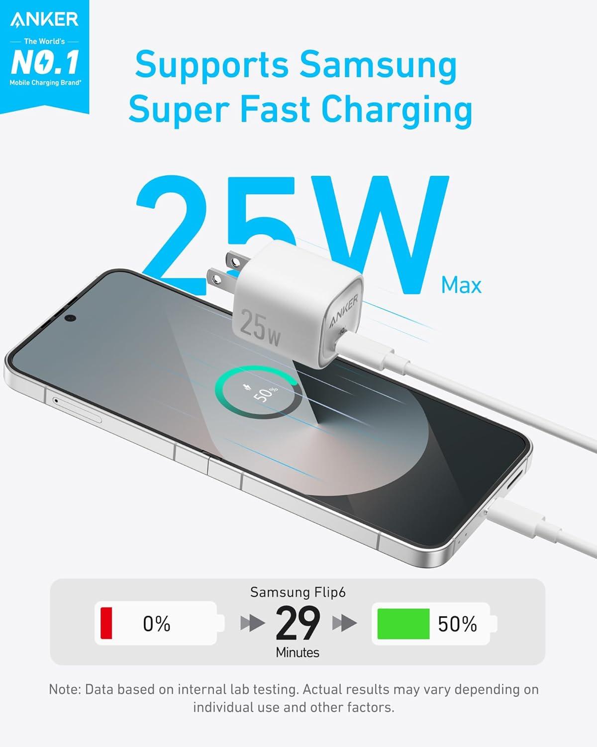 imageAnker Bloc de chargeur USB C 25 W compact et pliable prend en charge la charge rapide PPS pour Galaxy S24Z FoldZ FlipTab iPhone cble USB C de 15 m inclus