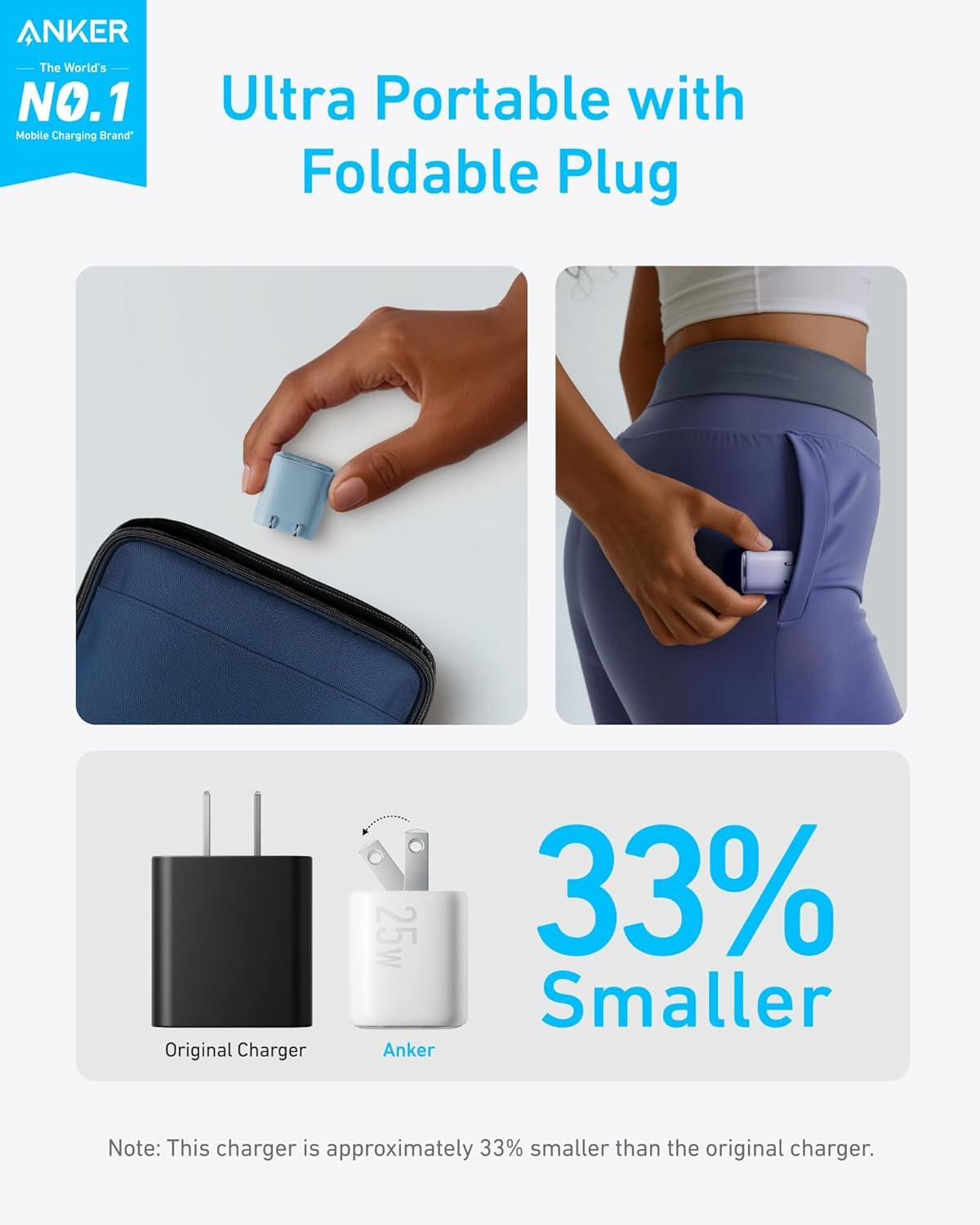 imageAnker Bloc de chargeur USB C 25 W compact et pliable prend en charge la charge rapide PPS pour Galaxy S24Z FoldZ FlipTab iPhone cble USB C de 15 m inclus
