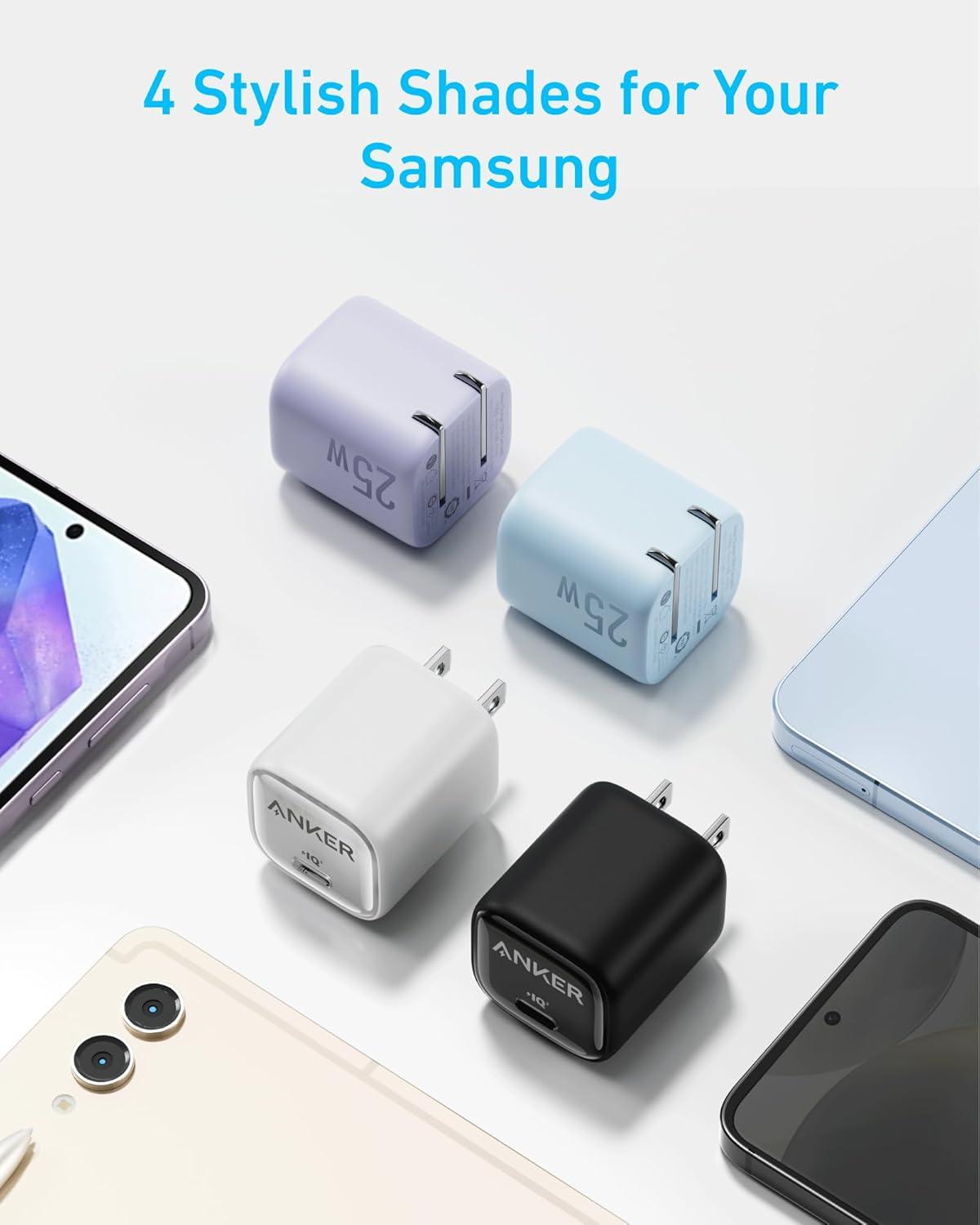 imageAnker Bloc de chargeur USB C 25 W compact et pliable prend en charge la charge rapide PPS pour Galaxy S24Z FoldZ FlipTab iPhone cble USB C de 15 m inclus