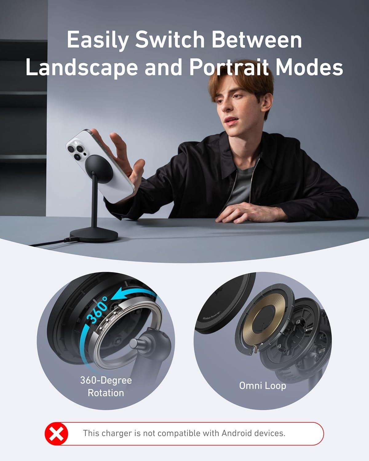 imageAnker MagGo station chargeur induction iphone support induction rapide 15W compatible MagSafecble USBCcertification Qi2chargeur magntiquepour sries iPhone16 et AirPods adaptateur non inclusNoir