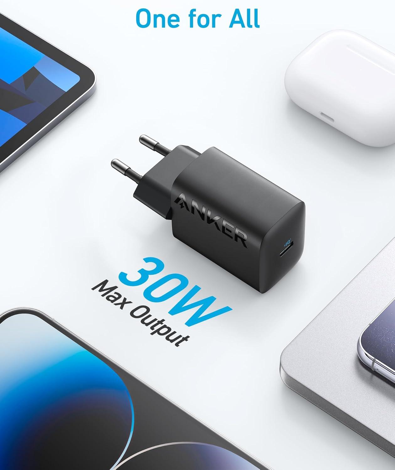 imageChargeur USBC 30W Anker 312 Alimentation USBC Chargeur Rapide Compact Haute Vitesse pour iPhone 151413 srie Samsung S23 MacBook Air iPad Pro et Autres sans cble de ChargeBlack