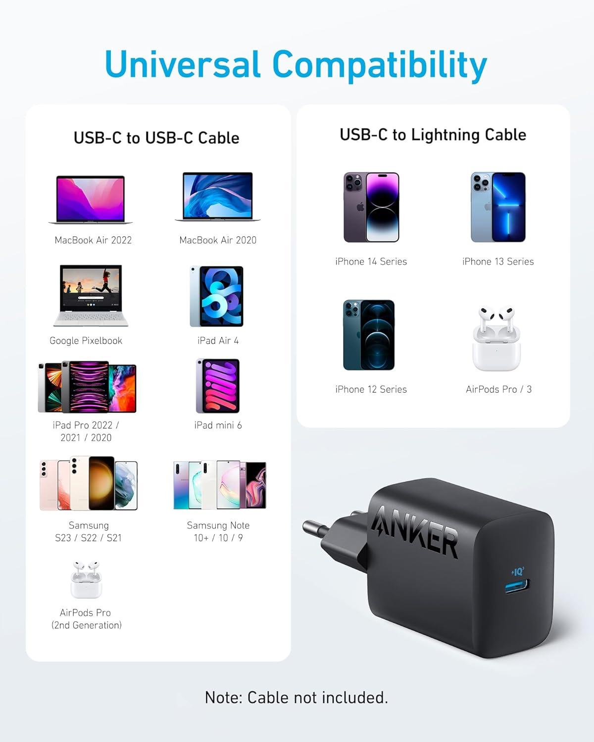 imageChargeur USBC 30W Anker 312 Alimentation USBC Chargeur Rapide Compact Haute Vitesse pour iPhone 151413 srie Samsung S23 MacBook Air iPad Pro et Autres sans cble de ChargeBlack