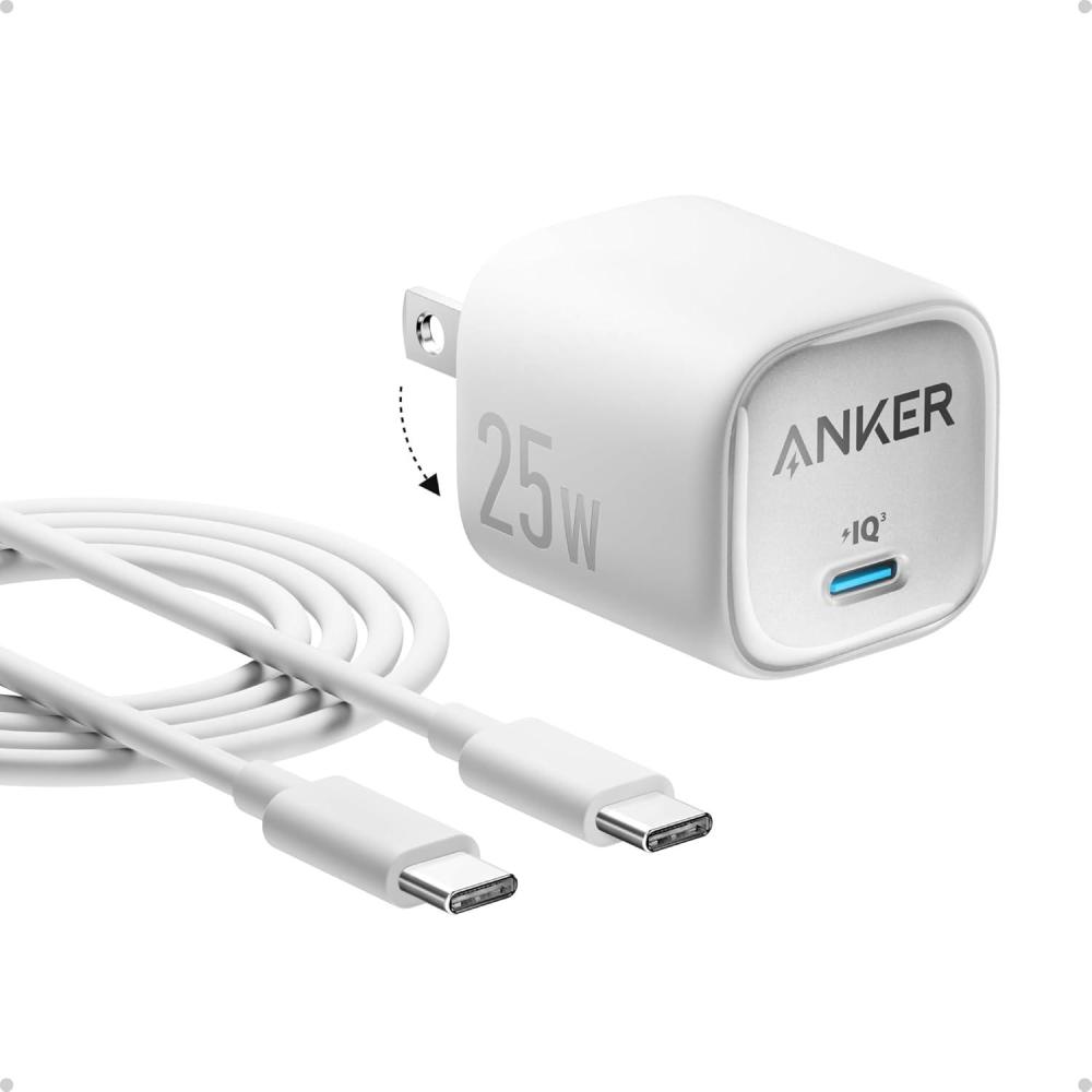 imageAnker Bloc de chargeur USB C 25 W compact et pliable prend en charge la charge rapide PPS pour Galaxy S24Z FoldZ FlipTab iPhone cble USB C de 15 m inclus
