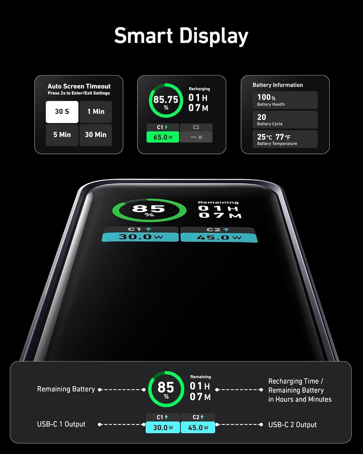 imageAnker Prime Batterie Externe 12000 mAh Banque dalimentation Chargeur Portable 2 Ports avec Sortie 130 W Affichage Numrique Intelligent Compatible avec Les iPhone sries 16151413