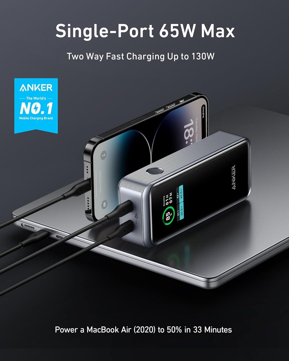 imageAnker Prime Batterie Externe 12000 mAh Banque dalimentation Chargeur Portable 2 Ports avec Sortie 130 W Affichage Numrique Intelligent Compatible avec Les iPhone sries 16151413